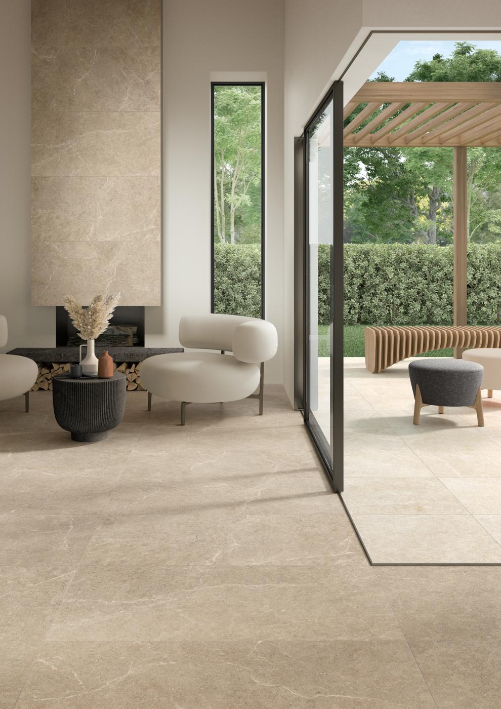 Wohnraum mit Tuscania Holystone Beige als Bodenbelag